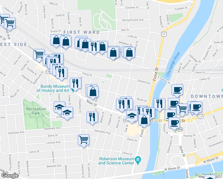 map of restaurants, bars, coffee shops, grocery stores, and more near 102 Walnut Street in Binghamton