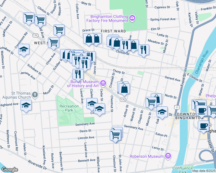map of restaurants, bars, coffee shops, grocery stores, and more near 2 Crandall Street in Binghamton