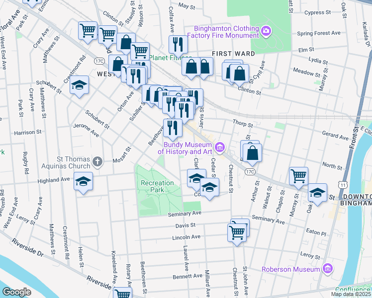 map of restaurants, bars, coffee shops, grocery stores, and more near 135 Laurel Avenue in Binghamton