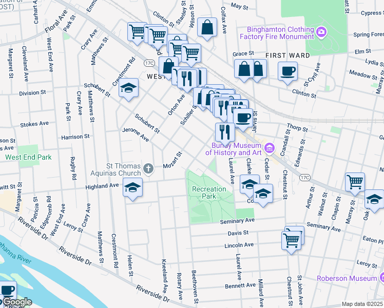 map of restaurants, bars, coffee shops, grocery stores, and more near 123 Beethoven Street in Binghamton