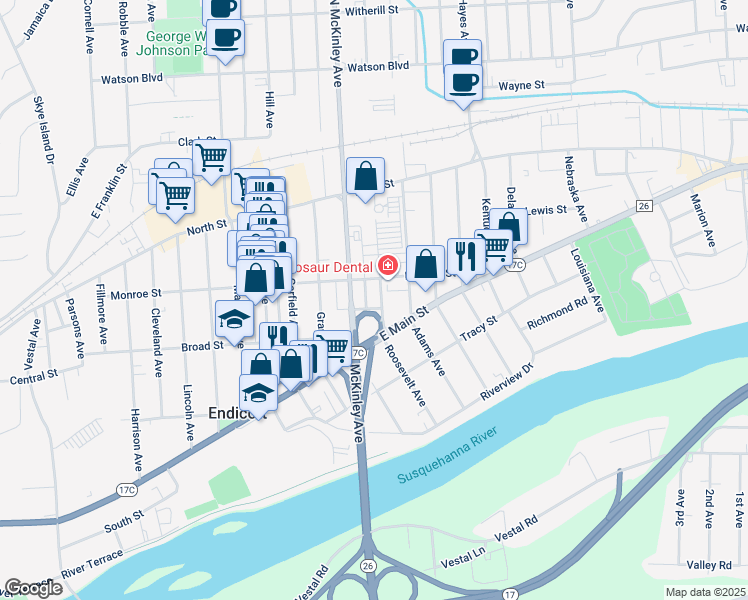 map of restaurants, bars, coffee shops, grocery stores, and more near 113 Watson Alley in Endicott