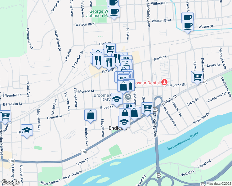 map of restaurants, bars, coffee shops, grocery stores, and more near 1104 Monroe Street in Endicott