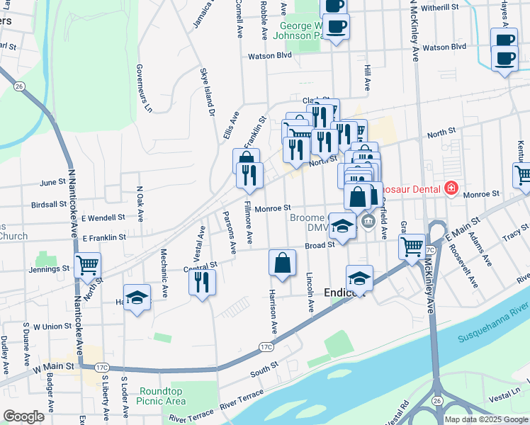 map of restaurants, bars, coffee shops, grocery stores, and more near 706 Monroe Street in Endicott