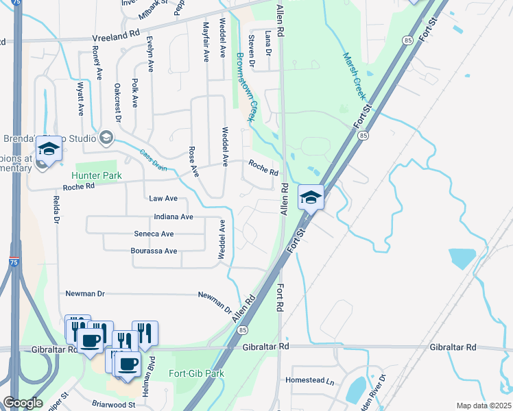 map of restaurants, bars, coffee shops, grocery stores, and more near 20036 Village Green Court in Brownstown Charter Township