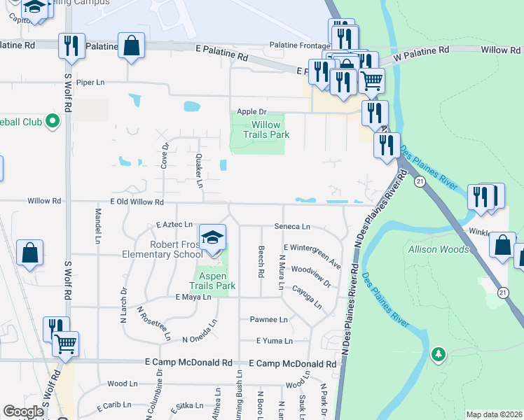 map of restaurants, bars, coffee shops, grocery stores, and more near 1915 East Seminole Lane in Mount Prospect