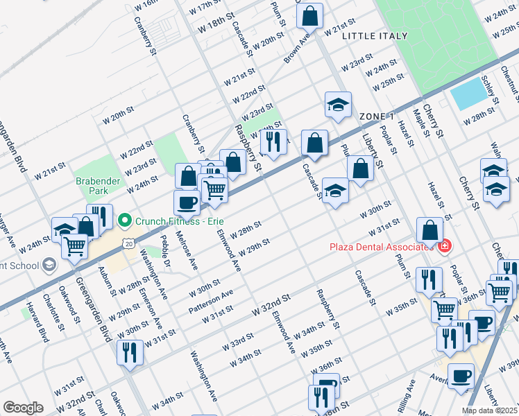 map of restaurants, bars, coffee shops, grocery stores, and more near 1125 W 27th St in Erie
