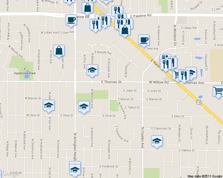 map of restaurants, bars, coffee shops, grocery stores, and more near 1431 N Douglas Ave in Arlington Heights
