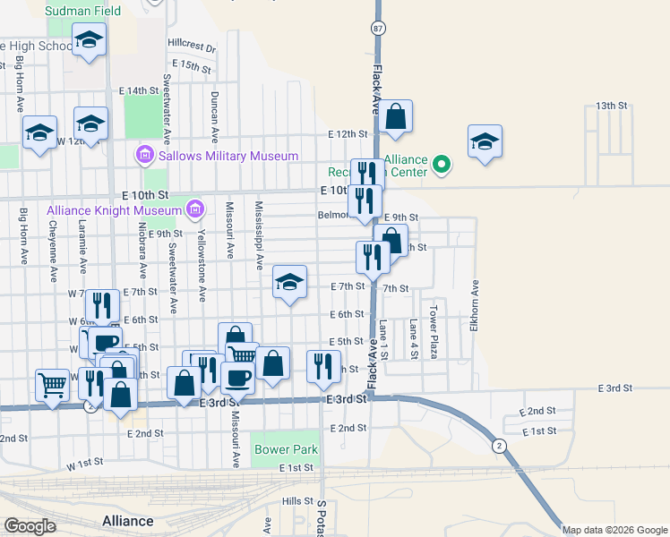 map of restaurants, bars, coffee shops, grocery stores, and more near 750-798 Potash Avenue in Alliance