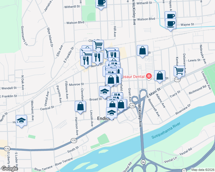 map of restaurants, bars, coffee shops, grocery stores, and more near 110 Washington Avenue in Endicott