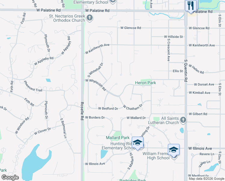 map of restaurants, bars, coffee shops, grocery stores, and more near 1224 West Whytecliff Road in Palatine
