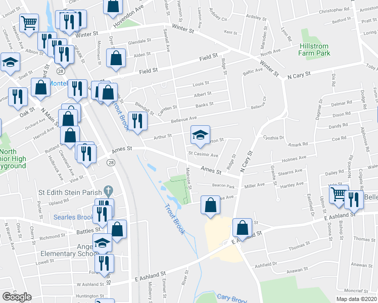 map of restaurants, bars, coffee shops, grocery stores, and more near 38 Saint Casimir Avenue in Brockton