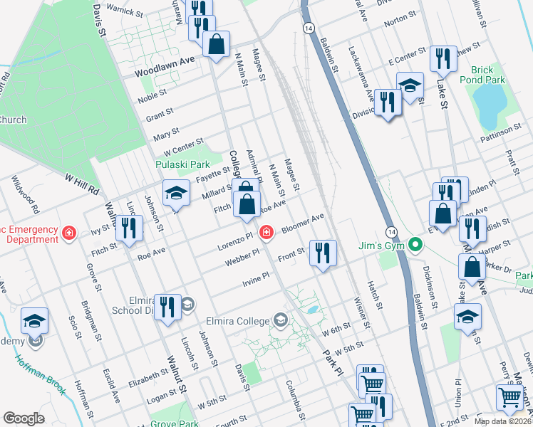 map of restaurants, bars, coffee shops, grocery stores, and more near 215 Roe Avenue in Elmira
