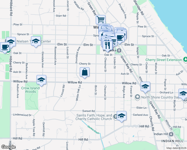 map of restaurants, bars, coffee shops, grocery stores, and more near 898 Ash Street in Winnetka