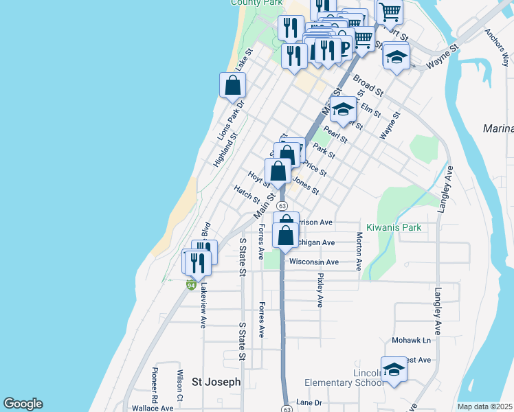 map of restaurants, bars, coffee shops, grocery stores, and more near 1208 Main Street in St. Joseph