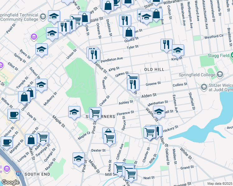 map of restaurants, bars, coffee shops, grocery stores, and more near 131 Cedar St in Springfield