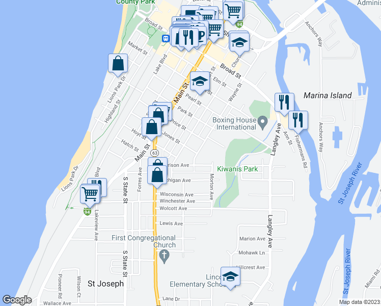 map of restaurants, bars, coffee shops, grocery stores, and more near 914 Jones St in St Joseph