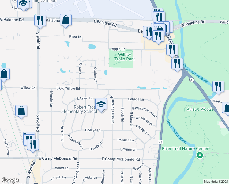 map of restaurants, bars, coffee shops, grocery stores, and more near 1903 East Seminole Lane in Mount Prospect