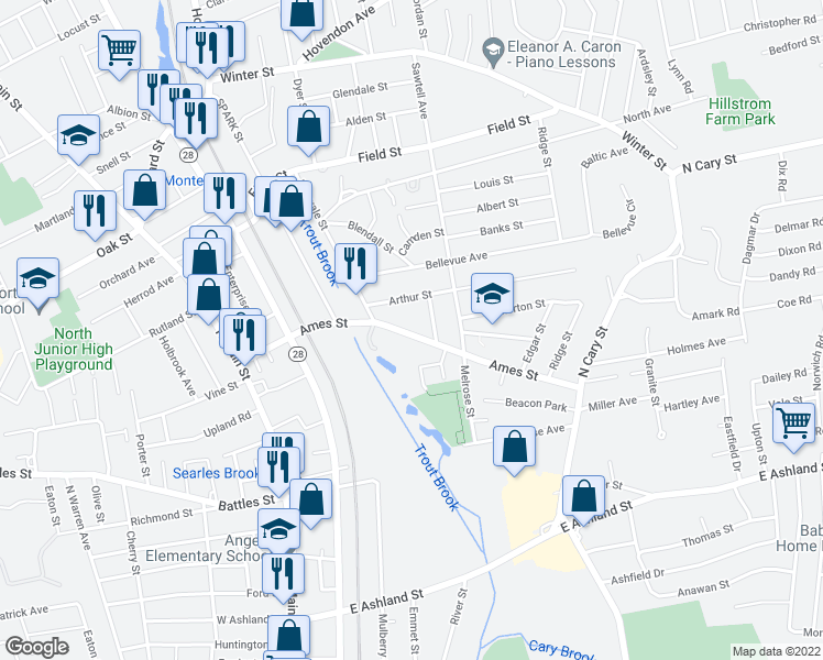 map of restaurants, bars, coffee shops, grocery stores, and more near 152 Ames Street in Brockton