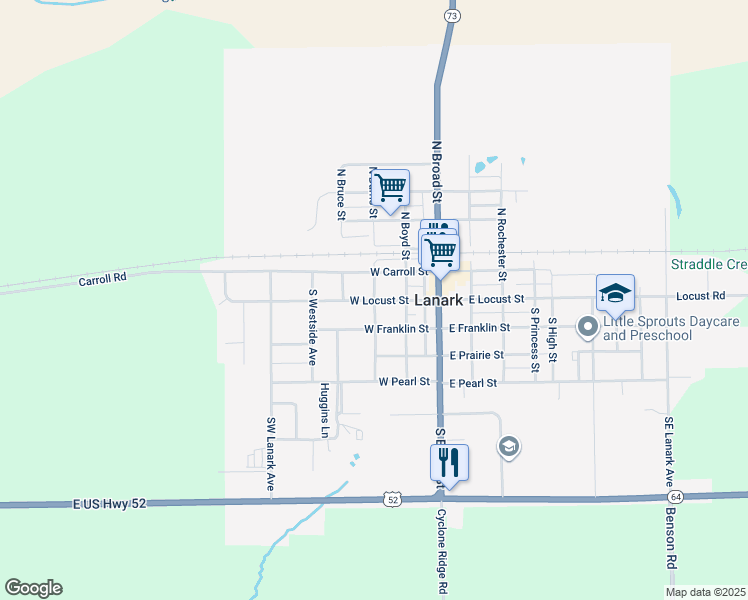 map of restaurants, bars, coffee shops, grocery stores, and more near 300 West Locust Street in Lanark