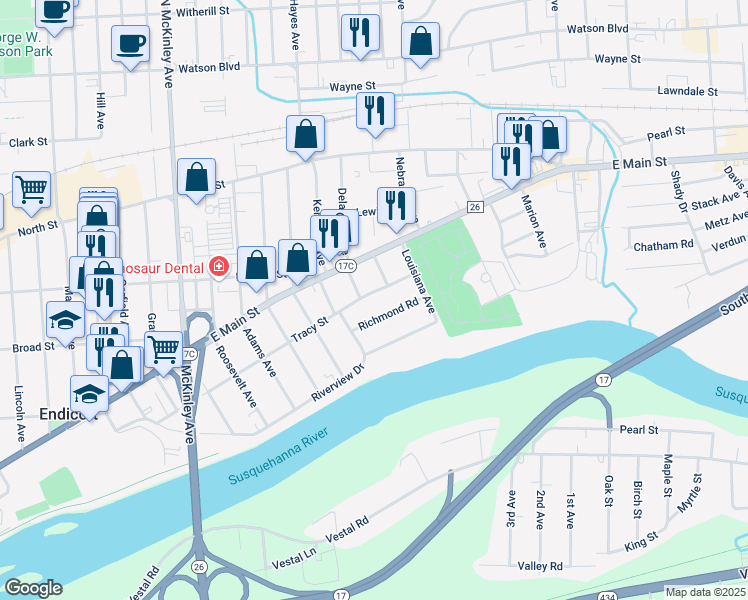 map of restaurants, bars, coffee shops, grocery stores, and more near 2200 Tracy Street in Endicott