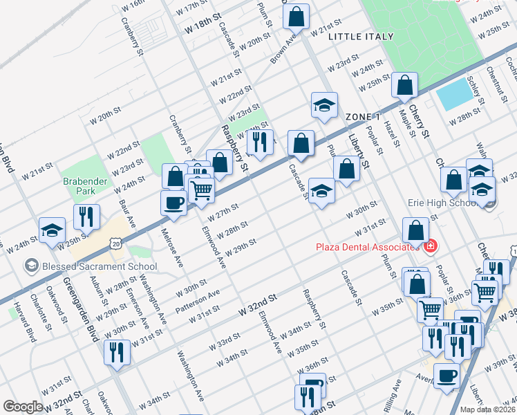 map of restaurants, bars, coffee shops, grocery stores, and more near 2723 Raspberry Street in Erie