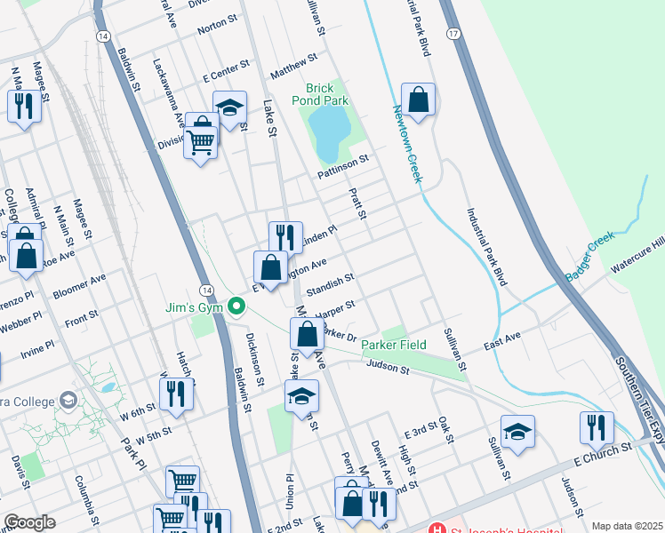 map of restaurants, bars, coffee shops, grocery stores, and more near 414 East Washington Avenue in Elmira