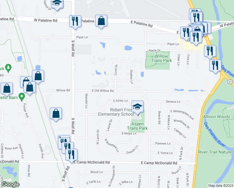 map of restaurants, bars, coffee shops, grocery stores, and more near 1727 East Seminole Lane in Mount Prospect