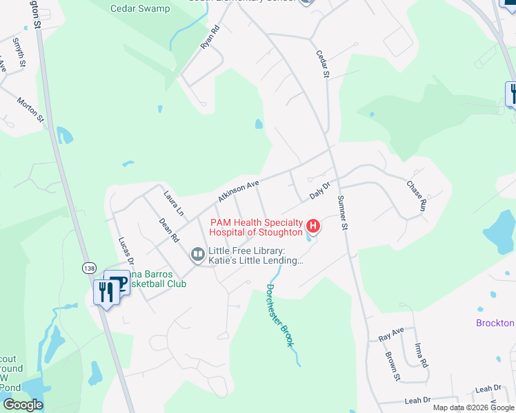 map of restaurants, bars, coffee shops, grocery stores, and more near 32 Farnham Road in Stoughton