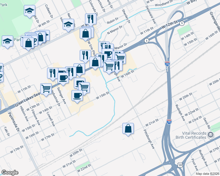 map of restaurants, bars, coffee shops, grocery stores, and more near 2240 West 15th Street in Erie