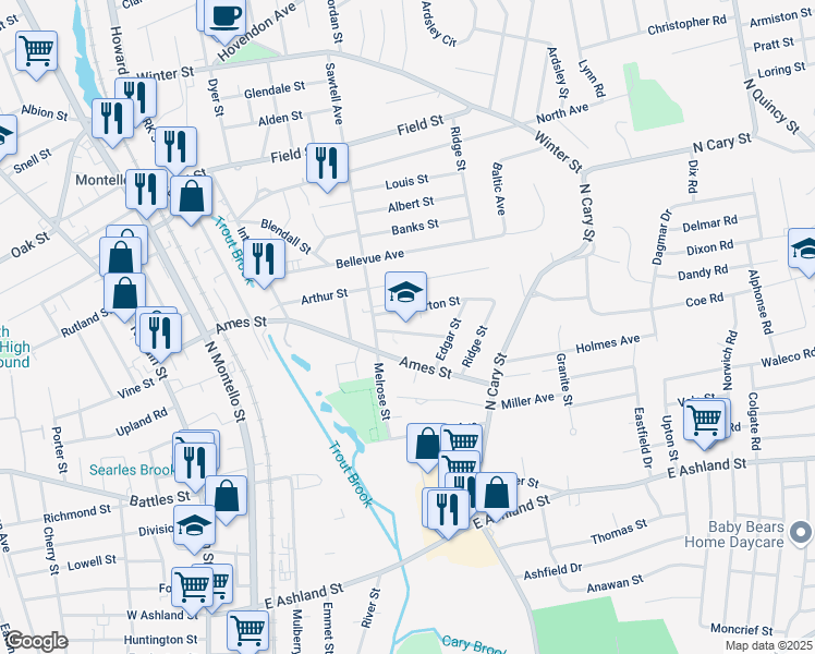 map of restaurants, bars, coffee shops, grocery stores, and more near 26 Saint Casimir Avenue in Brockton