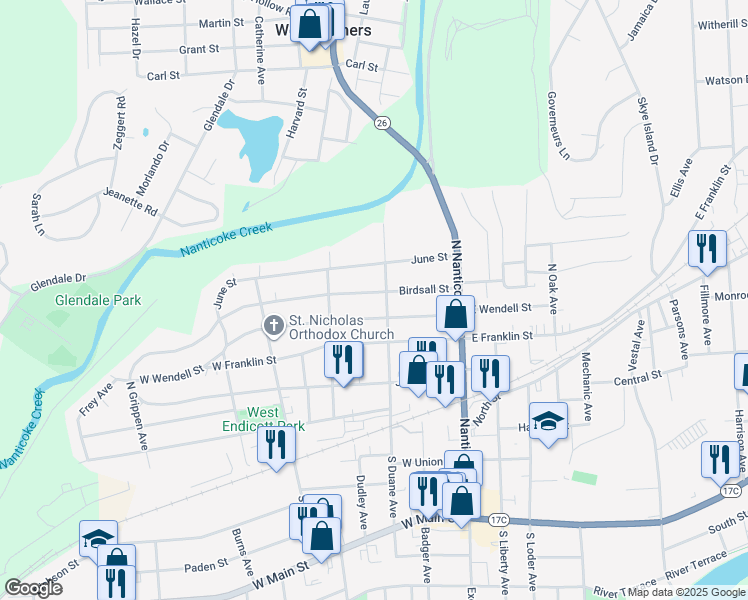 map of restaurants, bars, coffee shops, grocery stores, and more near 304 Birdsall Street in Endicott