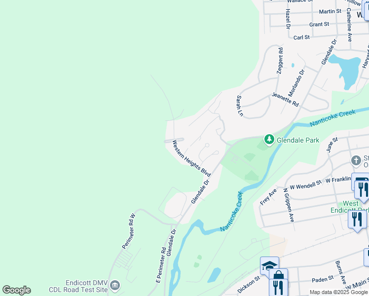map of restaurants, bars, coffee shops, grocery stores, and more near 7 Dallas Court in Endicott