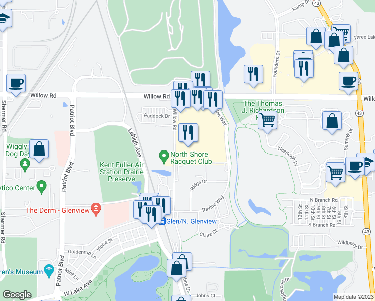 map of restaurants, bars, coffee shops, grocery stores, and more near 2241 Willow Road in Glenview
