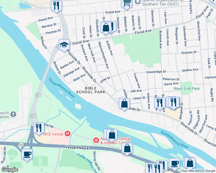 map of restaurants, bars, coffee shops, grocery stores, and more near 62 Burdick Ave in Johnson City