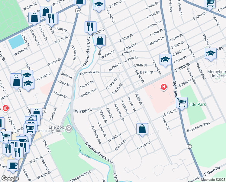 map of restaurants, bars, coffee shops, grocery stores, and more near 140 W 37th St in Erie