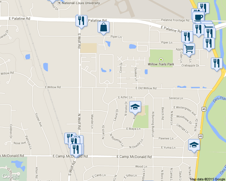 map of restaurants, bars, coffee shops, grocery stores, and more near 1717 East Seminole Lane in Mount Prospect
