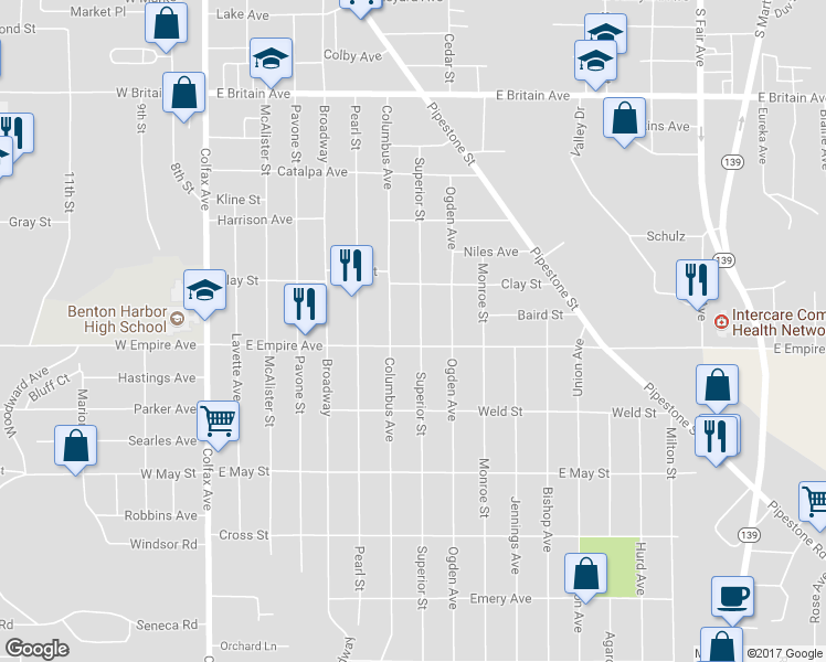 map of restaurants, bars, coffee shops, grocery stores, and more near 878 Superior Street in Benton Harbor