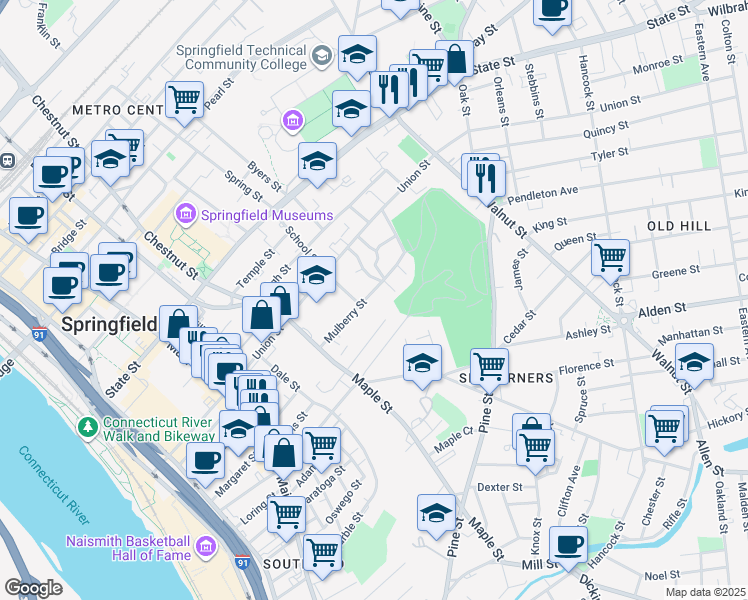 map of restaurants, bars, coffee shops, grocery stores, and more near 75 Mulberry Street in Springfield