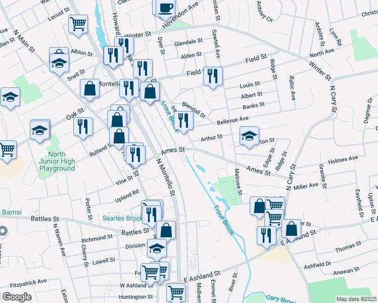 map of restaurants, bars, coffee shops, grocery stores, and more near 107 Ames Street in Brockton