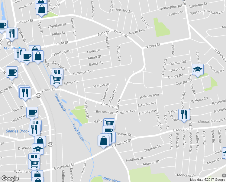 map of restaurants, bars, coffee shops, grocery stores, and more near 44 Ridge Street in Brockton