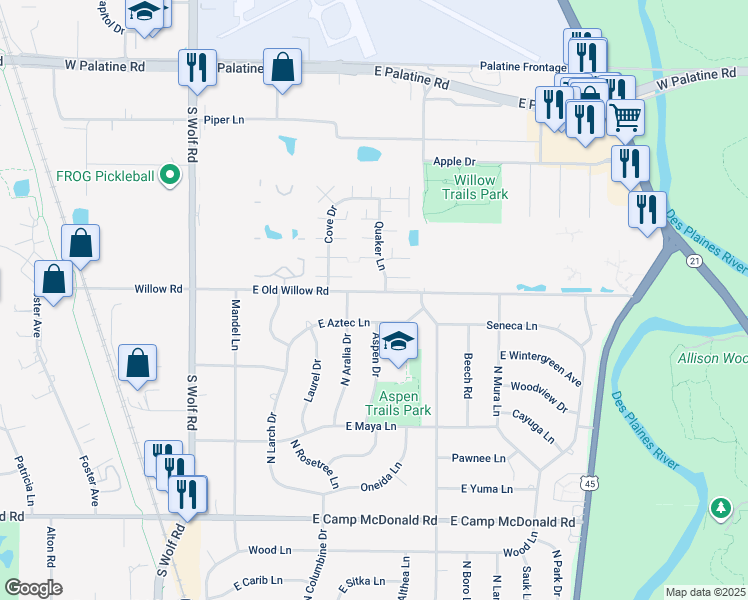map of restaurants, bars, coffee shops, grocery stores, and more near 1807 East Old Willow Road in Mount Prospect