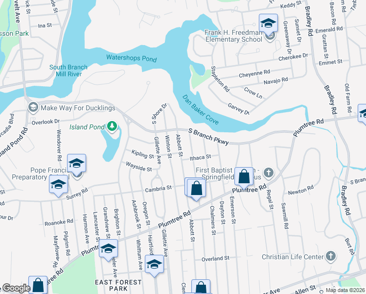 map of restaurants, bars, coffee shops, grocery stores, and more near 389 Abbott Street in Springfield