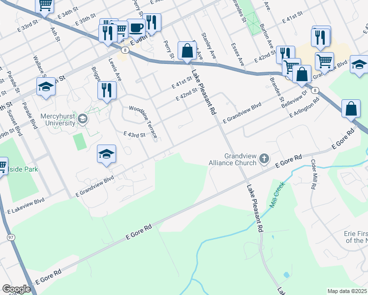 map of restaurants, bars, coffee shops, grocery stores, and more near 805 East Grandview Boulevard in Erie