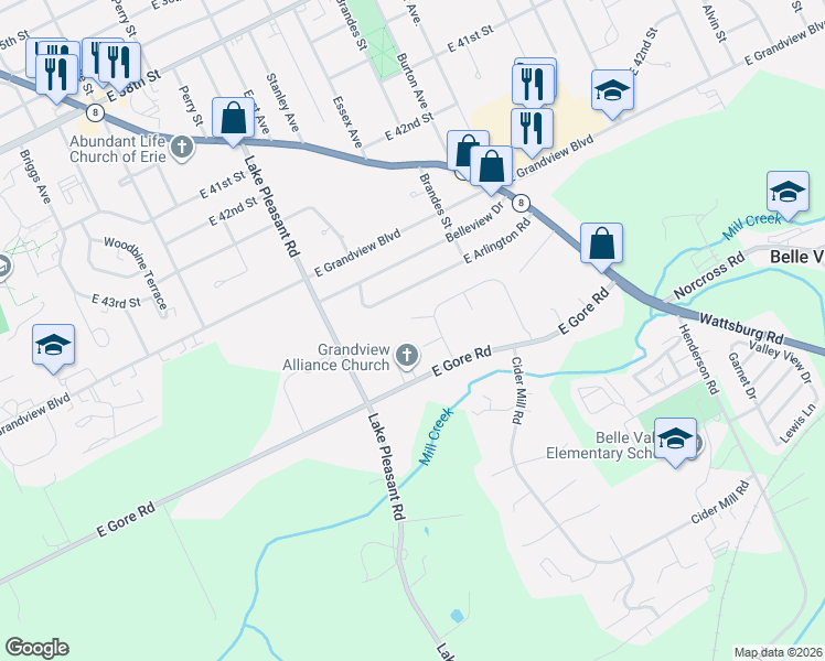 map of restaurants, bars, coffee shops, grocery stores, and more near 1123 Sara Ct in Erie