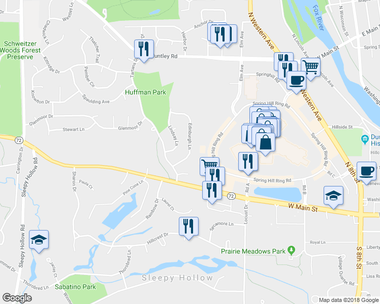 map of restaurants, bars, coffee shops, grocery stores, and more near 486 Edinburgh Lane in West Dundee