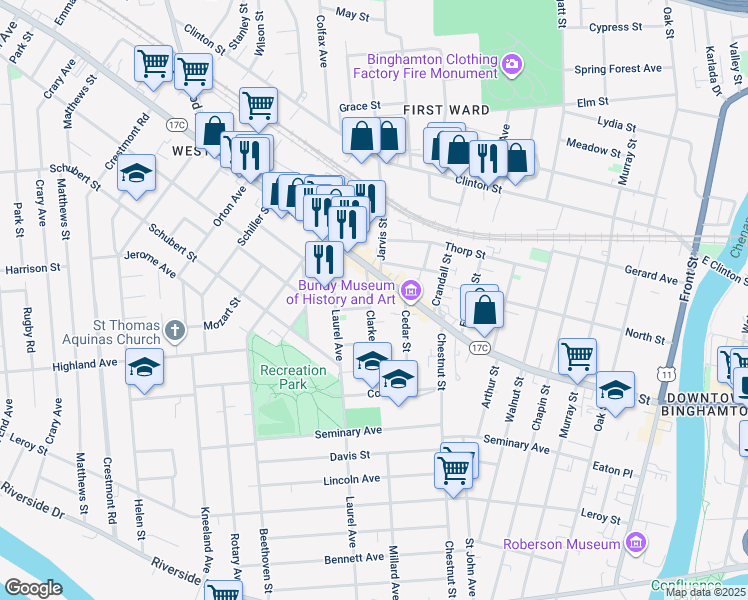 map of restaurants, bars, coffee shops, grocery stores, and more near 42 Clarke Street in Binghamton