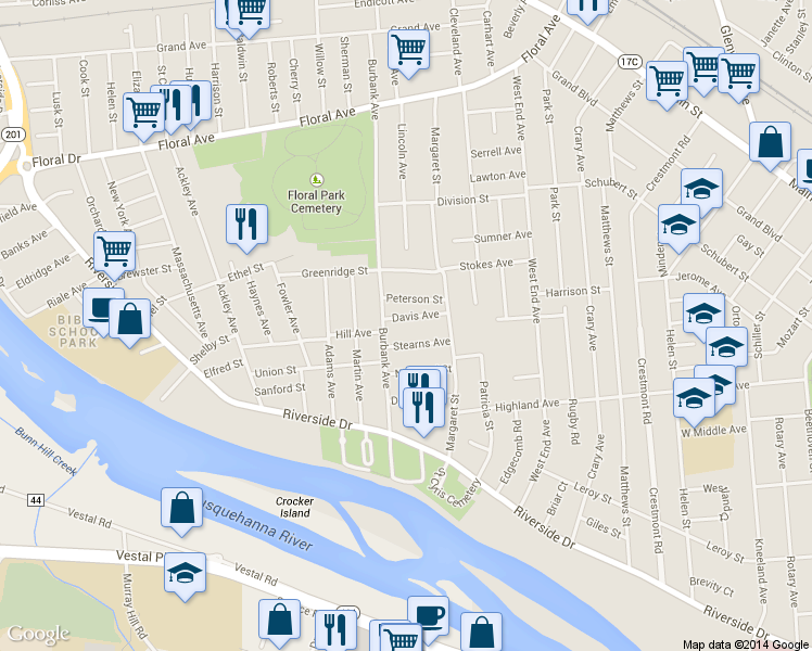 map of restaurants, bars, coffee shops, grocery stores, and more near 36 Davis Ave in Johnson City