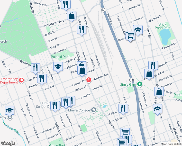 map of restaurants, bars, coffee shops, grocery stores, and more near 215 Roe Ave in Elmira