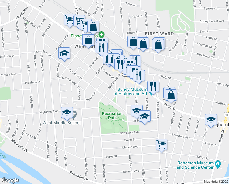map of restaurants, bars, coffee shops, grocery stores, and more near 13 Haendel Street in Binghamton