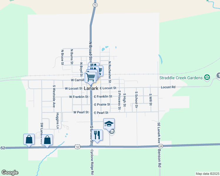 map of restaurants, bars, coffee shops, grocery stores, and more near 300 East Locust Street in Lanark